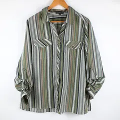 Elementz Women's XL Multicolor Striped Button Front Roll Tab Sleeve Blouse