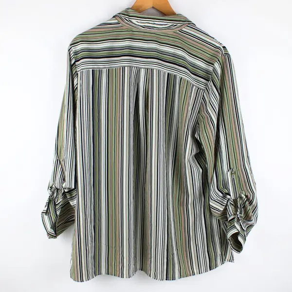 Elementz Women's XL Multicolor Striped Button Front Roll Tab Sleeve Blouse