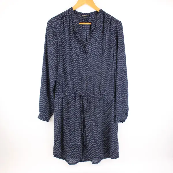 Hilary Radley Women's Blouse Navy Blue Balloon Sleeve V-Neck Tie Waist M