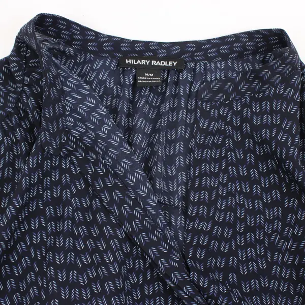 Hilary Radley Women's Blouse Navy Blue Balloon Sleeve V-Neck Tie Waist M