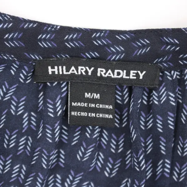 Hilary Radley Women's Blouse Navy Blue Balloon Sleeve V-Neck Tie Waist M