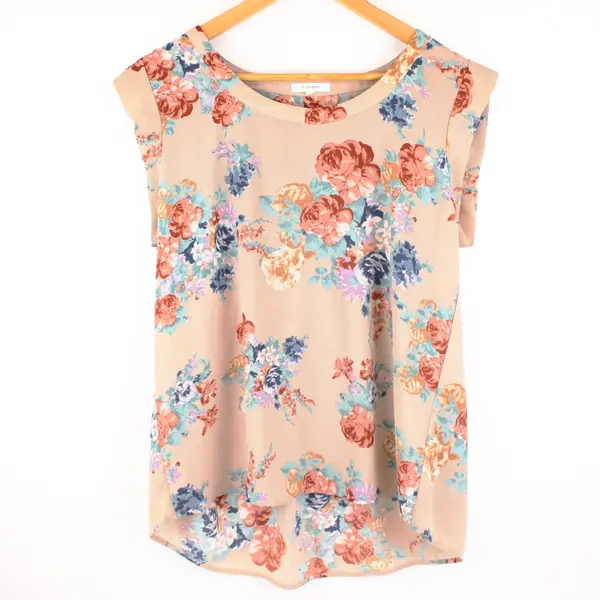 Pleione Women's Floral Short Sleeve Blouse Dusty Pink Multicolor M