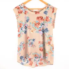 Pleione Women's Floral Short Sleeve Blouse Dusty Pink Multicolor M