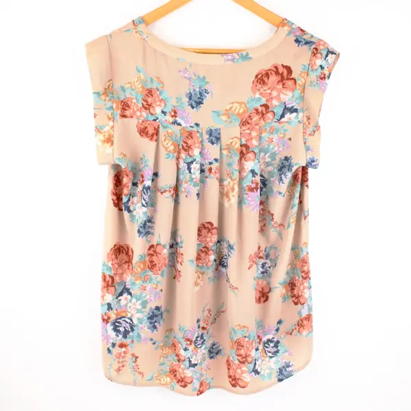 Pleione Women's Floral Short Sleeve Blouse Dusty Pink Multicolor M
