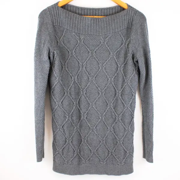 Ann Taylor LOFT Women's Medium Gray Cable Knit Boat Neck Cotton Sweater