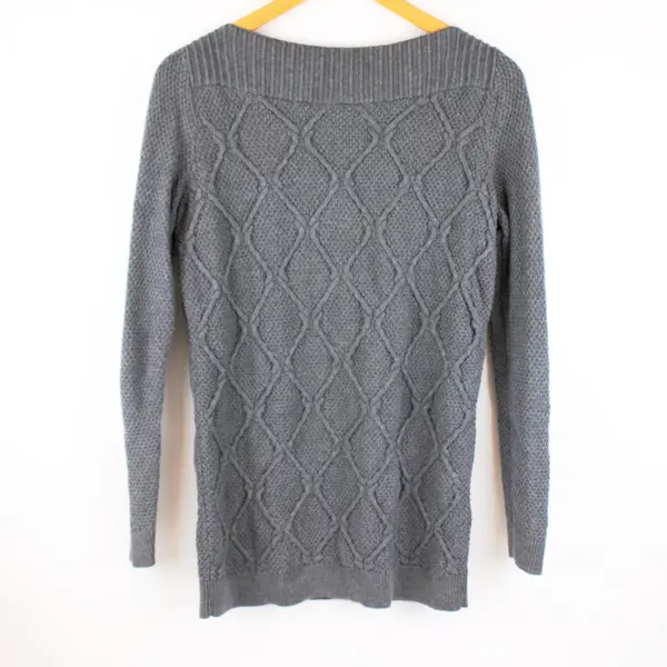 Ann Taylor LOFT Women's Medium Gray Cable Knit Boat Neck Cotton Sweater