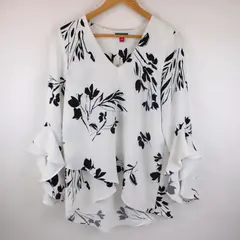 Vince Camuto Women's Small Floral Blouse White Black V-Neck 3/4 Sleeve