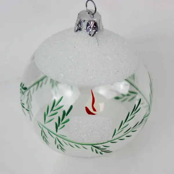 Glass Christmas Ornament White Candle Evergreen Branches With Box