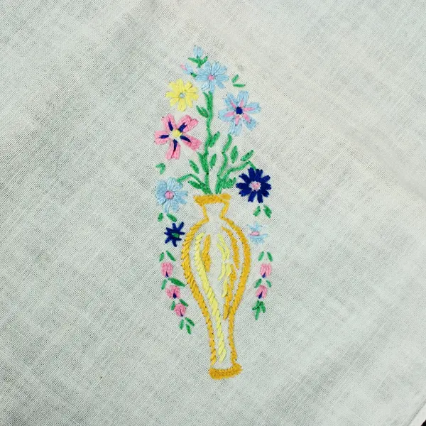 Embroidered Linen Floral Hand Towel 30 x 30 in Pale Green