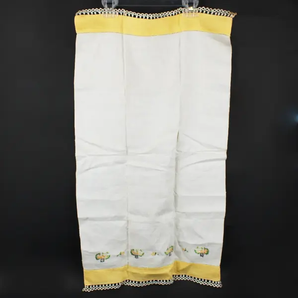 Vintage Cream Linen Table Runner Hand-Embroidered Floral Cross-Stitch Yellow