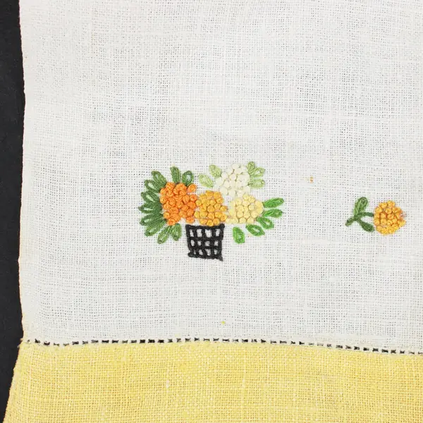 Vintage Cream Linen Table Runner Hand-Embroidered Floral Cross-Stitch Yellow