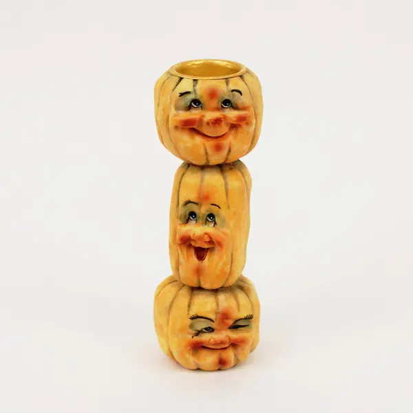 Stacked Pumpkin Face Candle Holder Halloween Decor Signed/Copyright Inscription