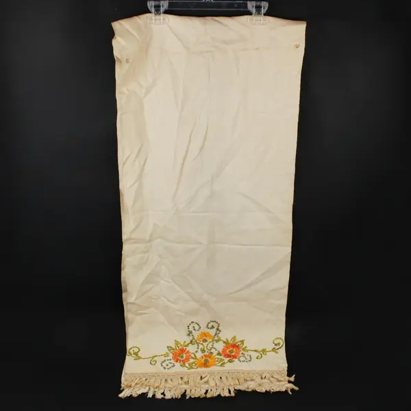Hand Embroidered Floral Table Runner Cream Fringed 77 x 16.5 Inch
