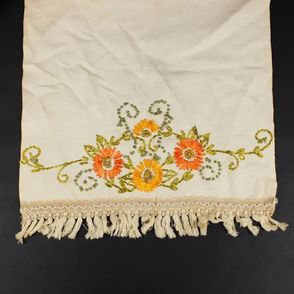 Hand Embroidered Floral Table Runner Cream Fringed 77 x 16.5 Inch
