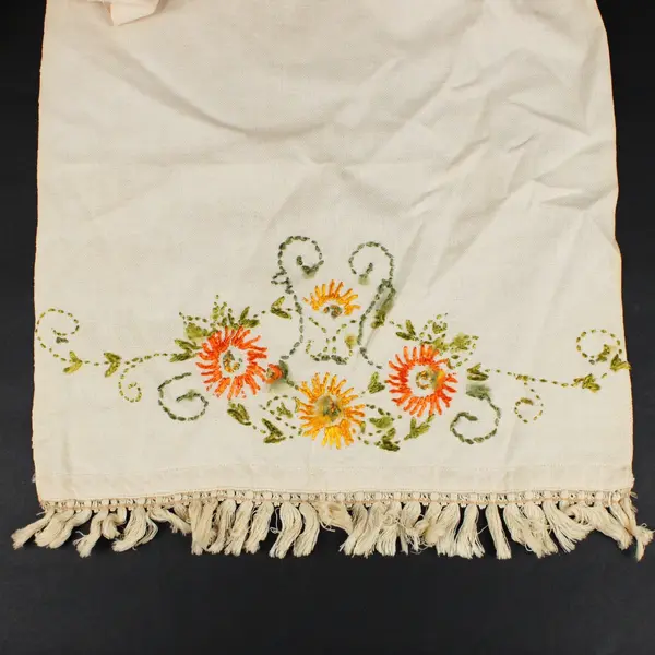 Hand Embroidered Floral Table Runner Cream Fringed 77 x 16.5 Inch