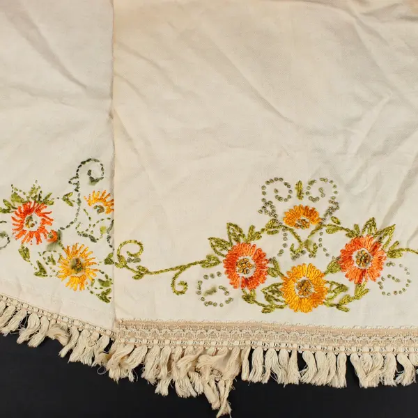 Hand Embroidered Floral Table Runner Cream Fringed 77 x 16.5 Inch