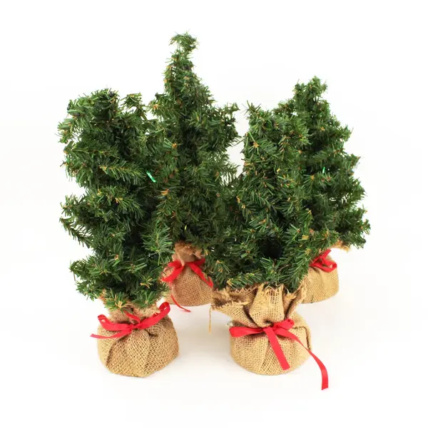 Lot of 4 Mini Artificial Christmas Trees Burlap Base Tabletop Decor