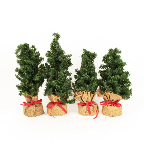 Lot of 4 Mini Artificial Christmas Trees Burlap Base Tabletop Decor
