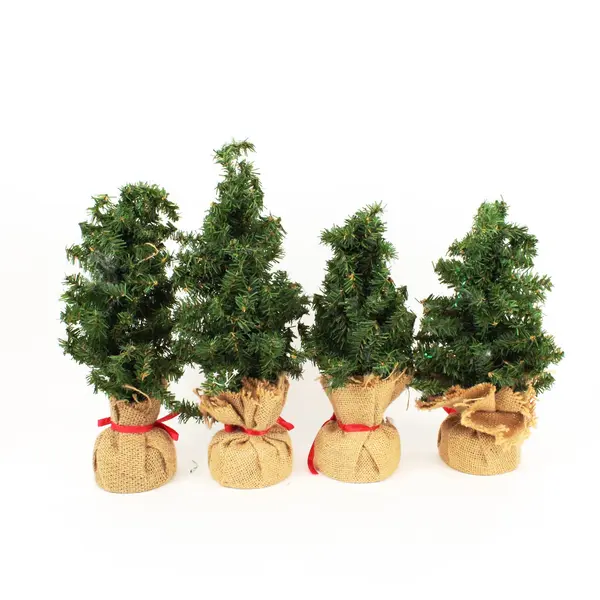 Lot of 4 Mini Artificial Christmas Trees Burlap Base Tabletop Decor