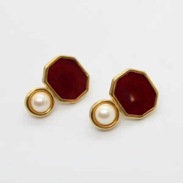 Vintage Monet Red Enamel Faux Pearl Gold Tone Geometric Clip-On Earrings