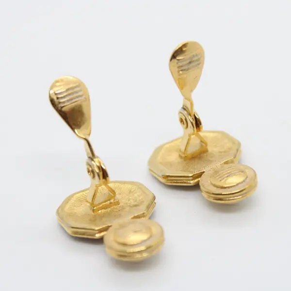 Vintage Monet Red Enamel Faux Pearl Gold Tone Geometric Clip-On Earrings