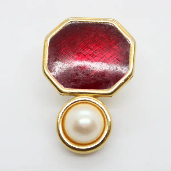 Vintage Monet Red Enamel Faux Pearl Gold Tone Geometric Clip-On Earrings