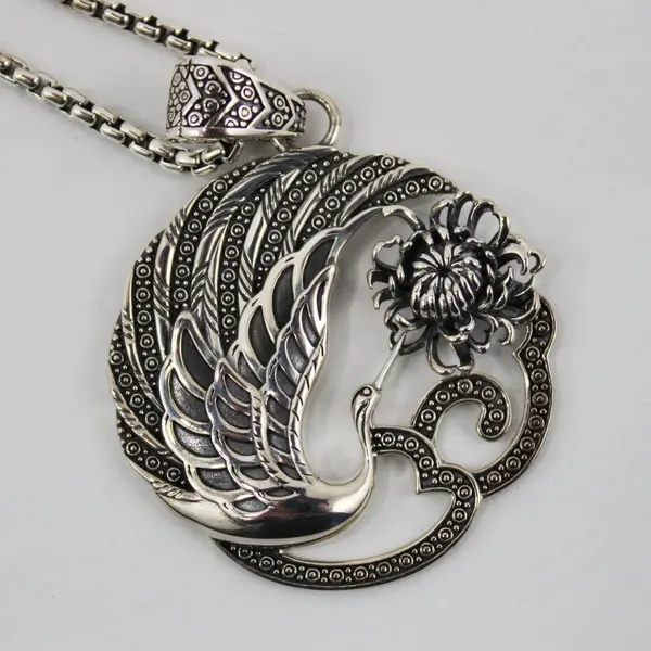 JAI 925 Sterling Silver Crane Chrysanthemum Pendant Necklace 70 Inch Chain