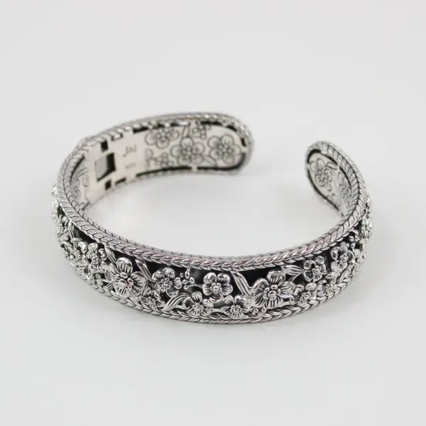 JAI 925 Sterling Silver Forget-Me-Not Floral Heirloom Cuff Bracelet 44g 7-1/8"