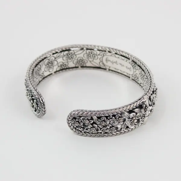 JAI 925 Sterling Silver Forget-Me-Not Floral Heirloom Cuff Bracelet 44g 7-1/8"
