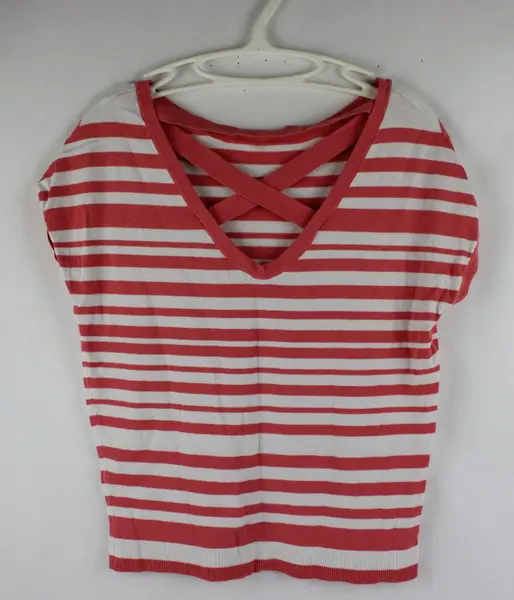 LOFT Women's XS Coral White Striped Knit Short Sleeve Top