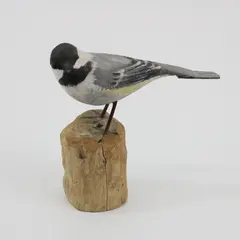 Peter Peltz Hand-Carved Hand-Painted Wood Chickadee Figurine Round Base Signed