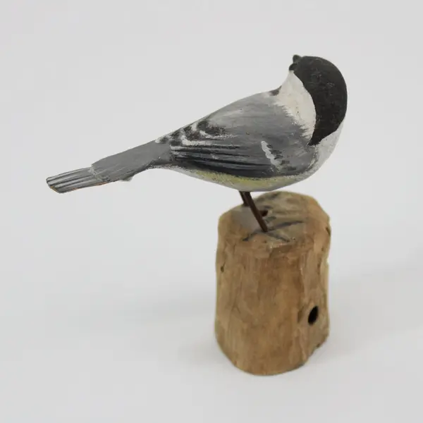 Peter Peltz Hand-Carved Hand-Painted Wood Chickadee Figurine Round Base Signed