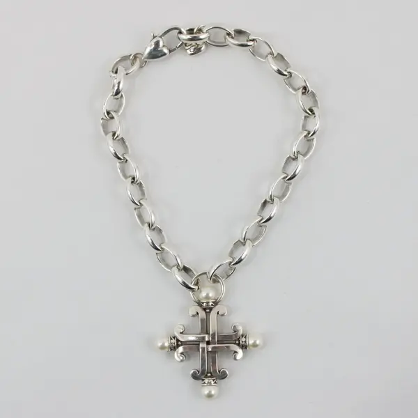 Brighton Silver-Tone Cross Charm Bracelet Faux Pearl Accents 8 in