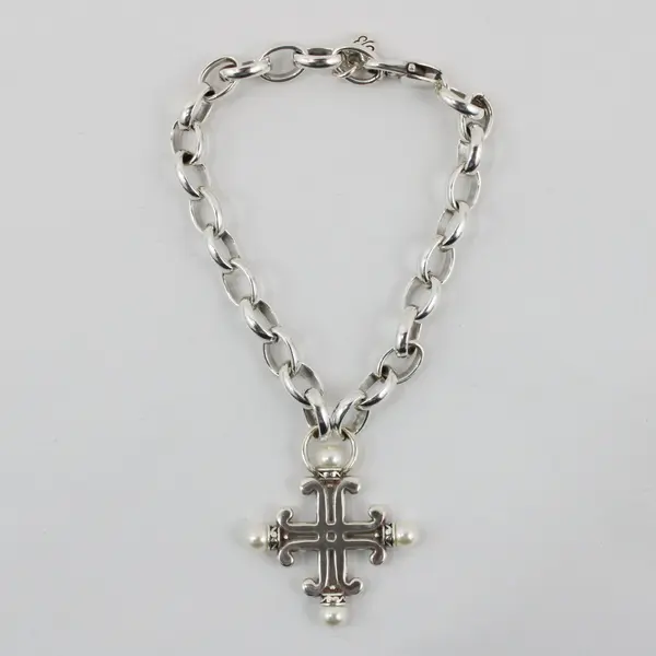 Brighton Silver-Tone Cross Charm Bracelet Faux Pearl Accents 8 in