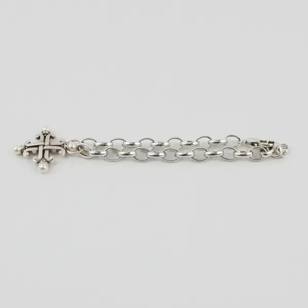 Brighton Silver-Tone Cross Charm Bracelet Faux Pearl Accents 8 in