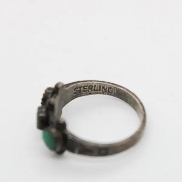 Turquoise Three Stone Sterling Silver Ring Green Blue Size 4