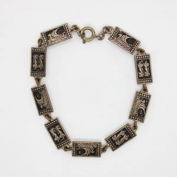 Vintage Silver-Tone Norse-Style Figural Panel Link Bracelet 7.5in