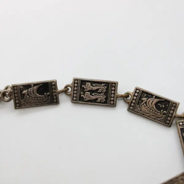 Vintage Silver-Tone Norse-Style Figural Panel Link Bracelet 7.5in