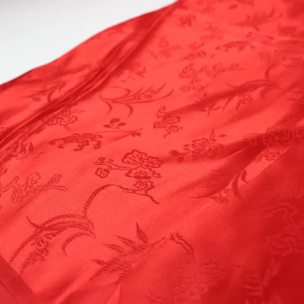 Piece of Red Chinese Floral Jacquard Satin Fabric, Tone-on-Tone Pattern 70"x58" 