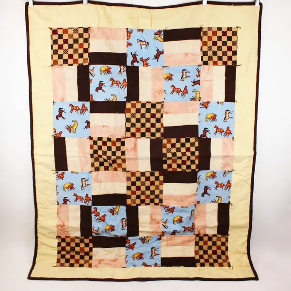 Handmade Baby Patchwork Quilt Blue Pink Cream Brown 35x30