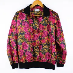 Notations Women's Button Up Blouse Black Pink Gold Green Floral Elastic Hem L