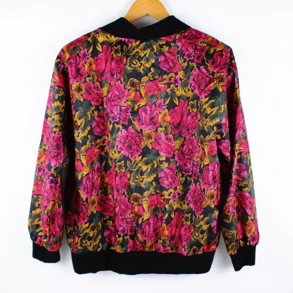 Notations Women's Button Up Blouse Black Pink Gold Green Floral Elastic Hem L