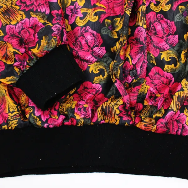 Notations Women's Button Up Blouse Black Pink Gold Green Floral Elastic Hem L