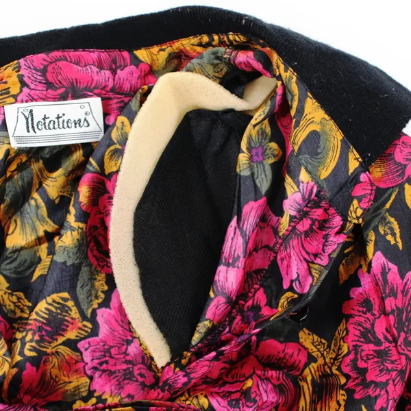 Notations Women's Button Up Blouse Black Pink Gold Green Floral Elastic Hem L
