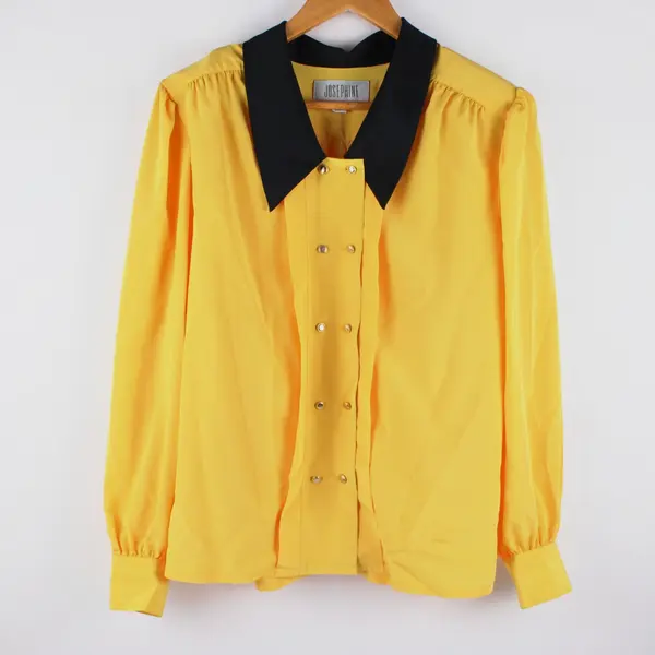 Women's Yellow Black Collar Long Sleeve Double Button Front Blouse 14