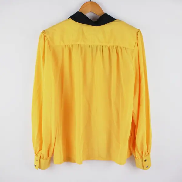 Women's Yellow Black Collar Long Sleeve Double Button Front Blouse 14