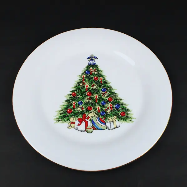 World Bazaars Christmas Tree Collector Plate Fine China Gold Trim 10.5 Inch
