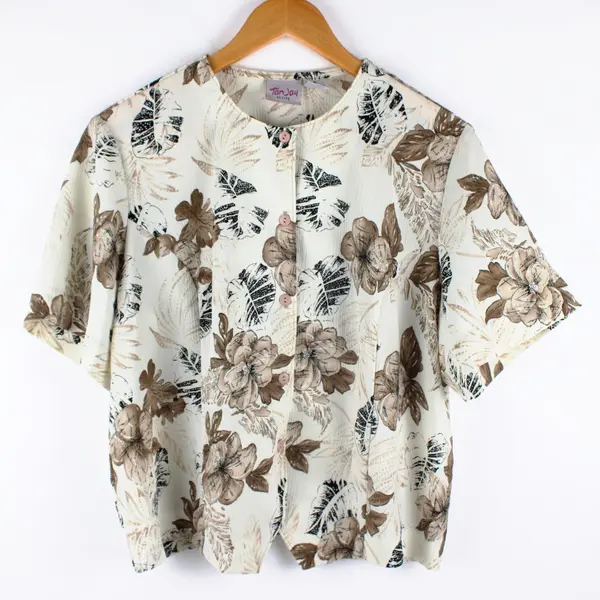 Tan Jay Petite Women's Floral Button-Down Shirt Beige Size 16