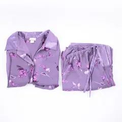 Bare Luxury Women's Purple Floral Satin Trim 2-Piece Pajama Set Large