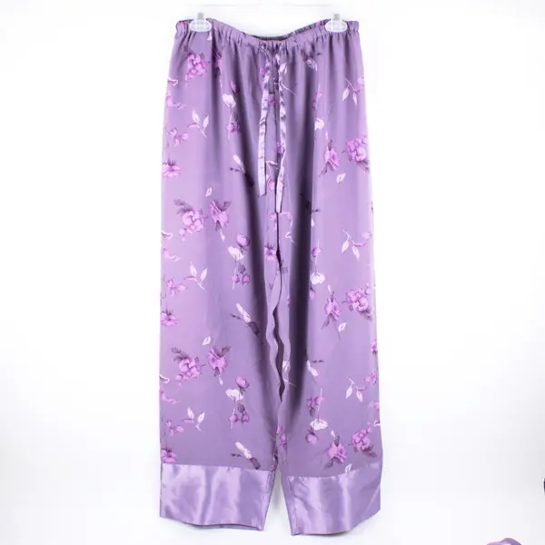 Bare Luxury Women's Purple Floral Satin Trim 2-Piece Pajama Set Large
